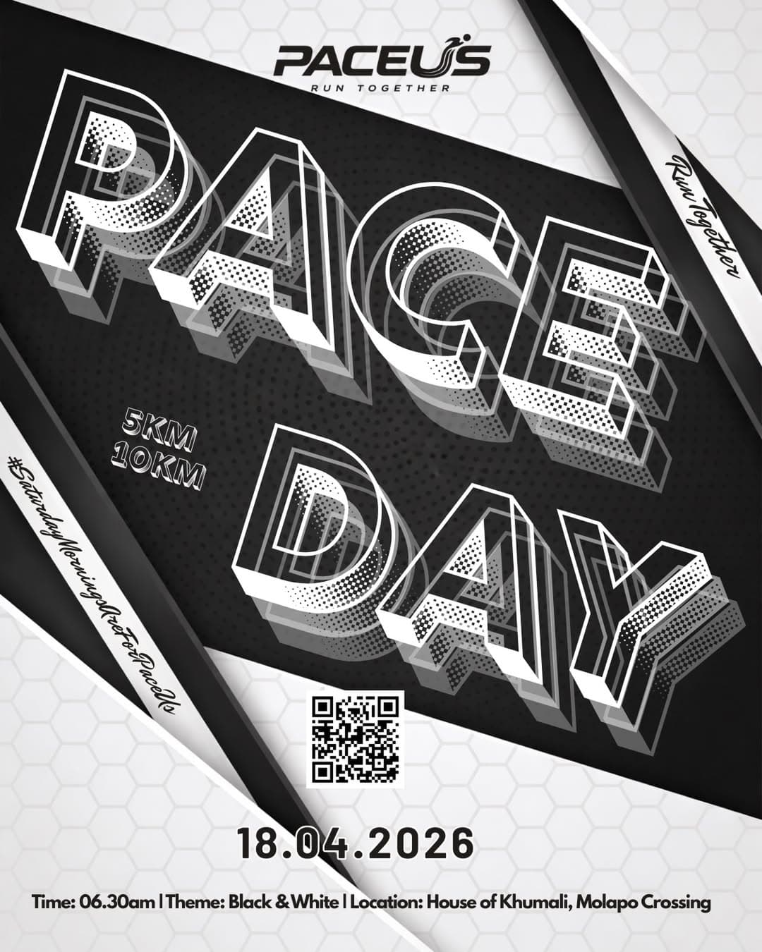 Pace Day event poster, 18 April 2026, black and white theme